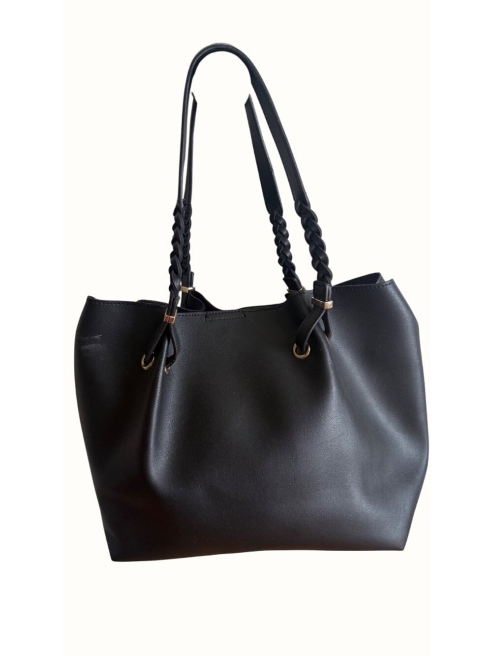 Womens Faux Leather Satchel Tote Bag Braided Handles & Gold Accents Black